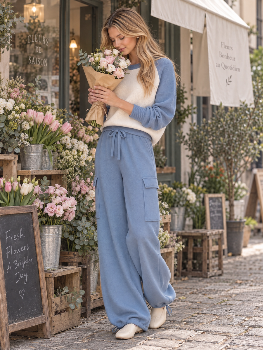 Blue And White Color-block Knit Top And Wide-leg Cargo Pants Set