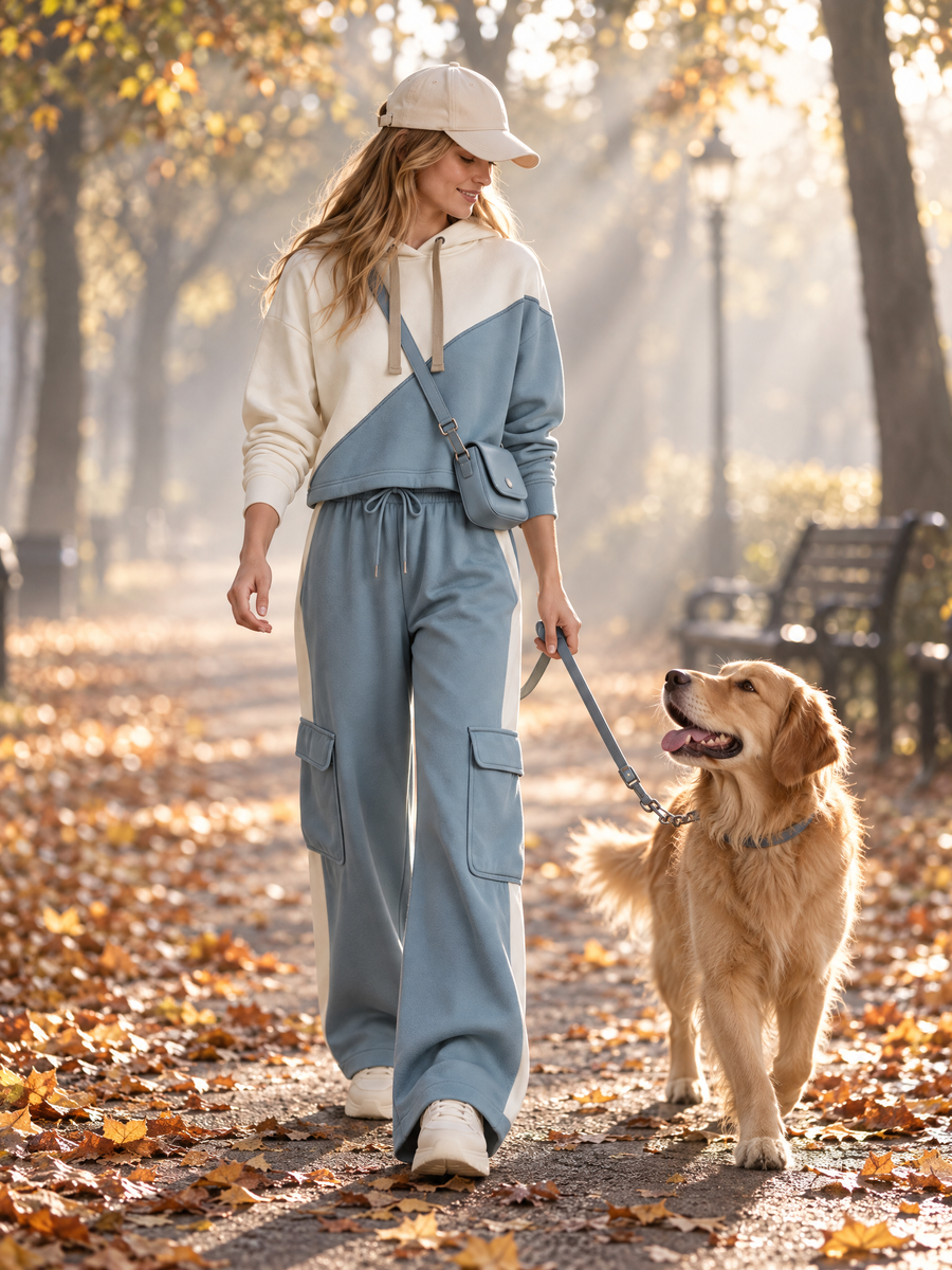 Color-block Hooded Sweatshirt And Utility Wide-leg Pants Set