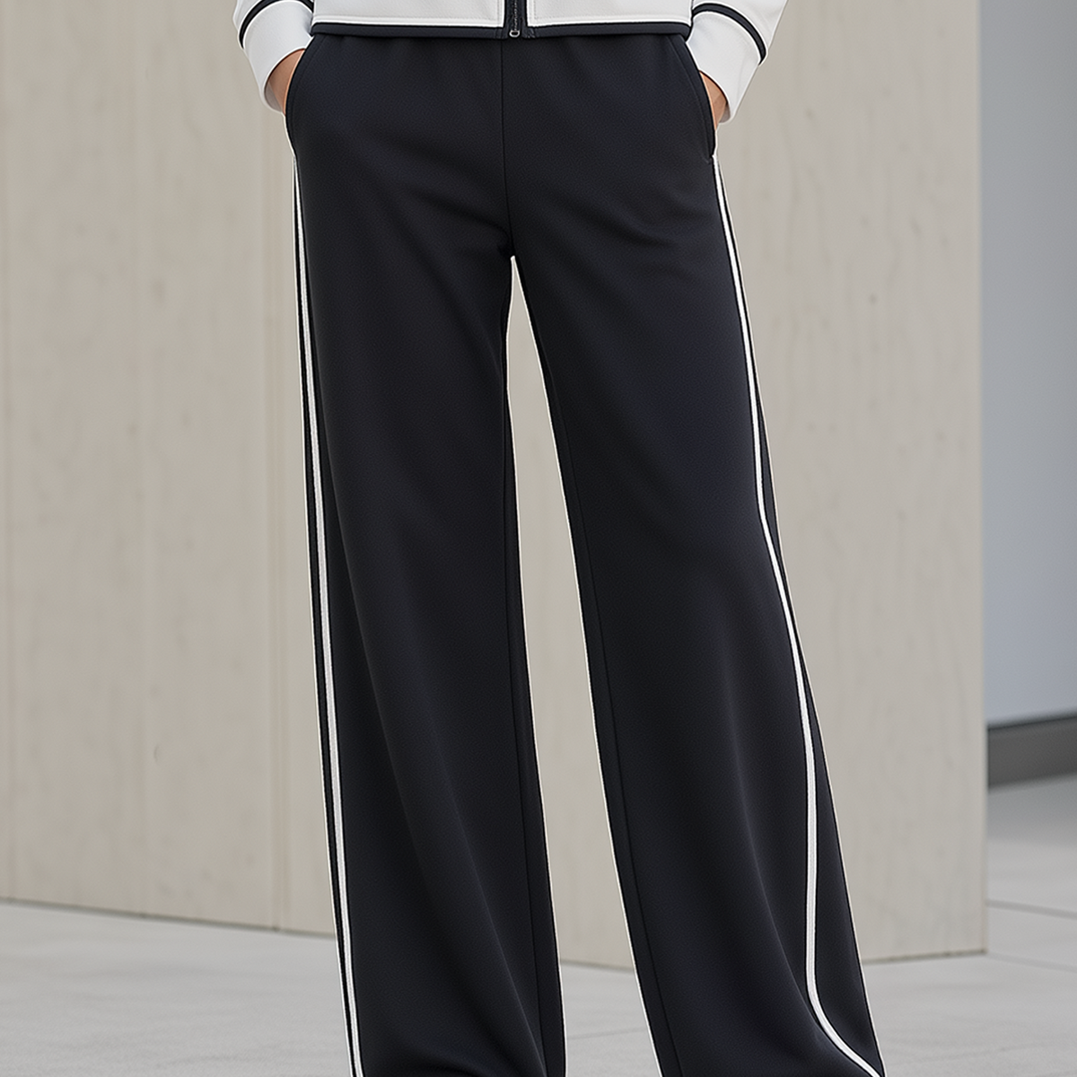 Stylish And Casual Black-and-white Color-block Wide-leg Trousers