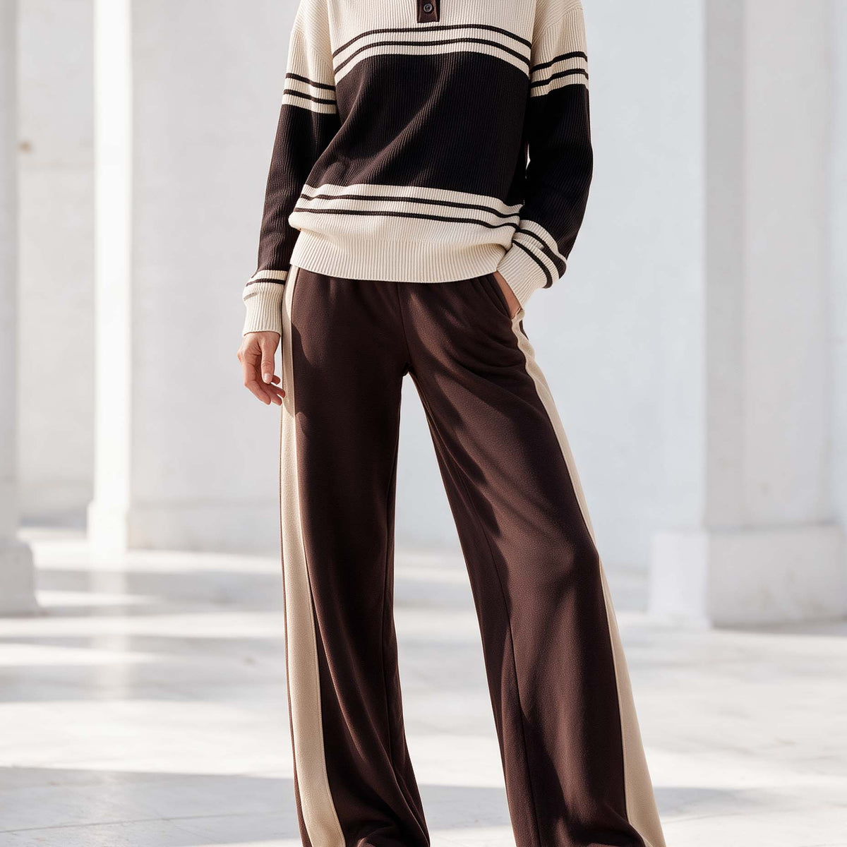 Stylish Casual Brown Color-Block Lapel Long-Sleeve Sweater And Wide-Leg Pants Set