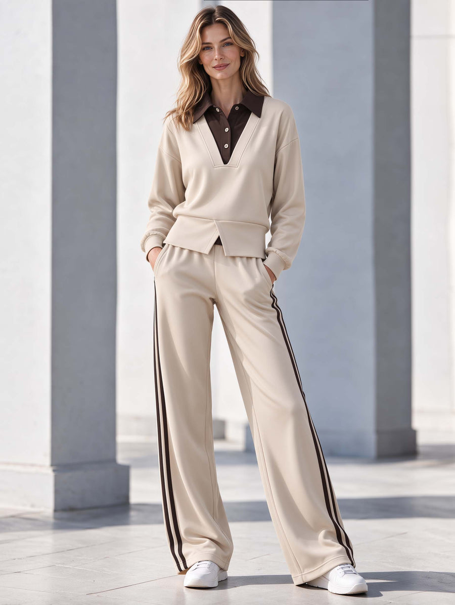 Stylish Casual Two-piece-look Long-sleeve Top And Trousers Set In Khaki And Brown Color-block