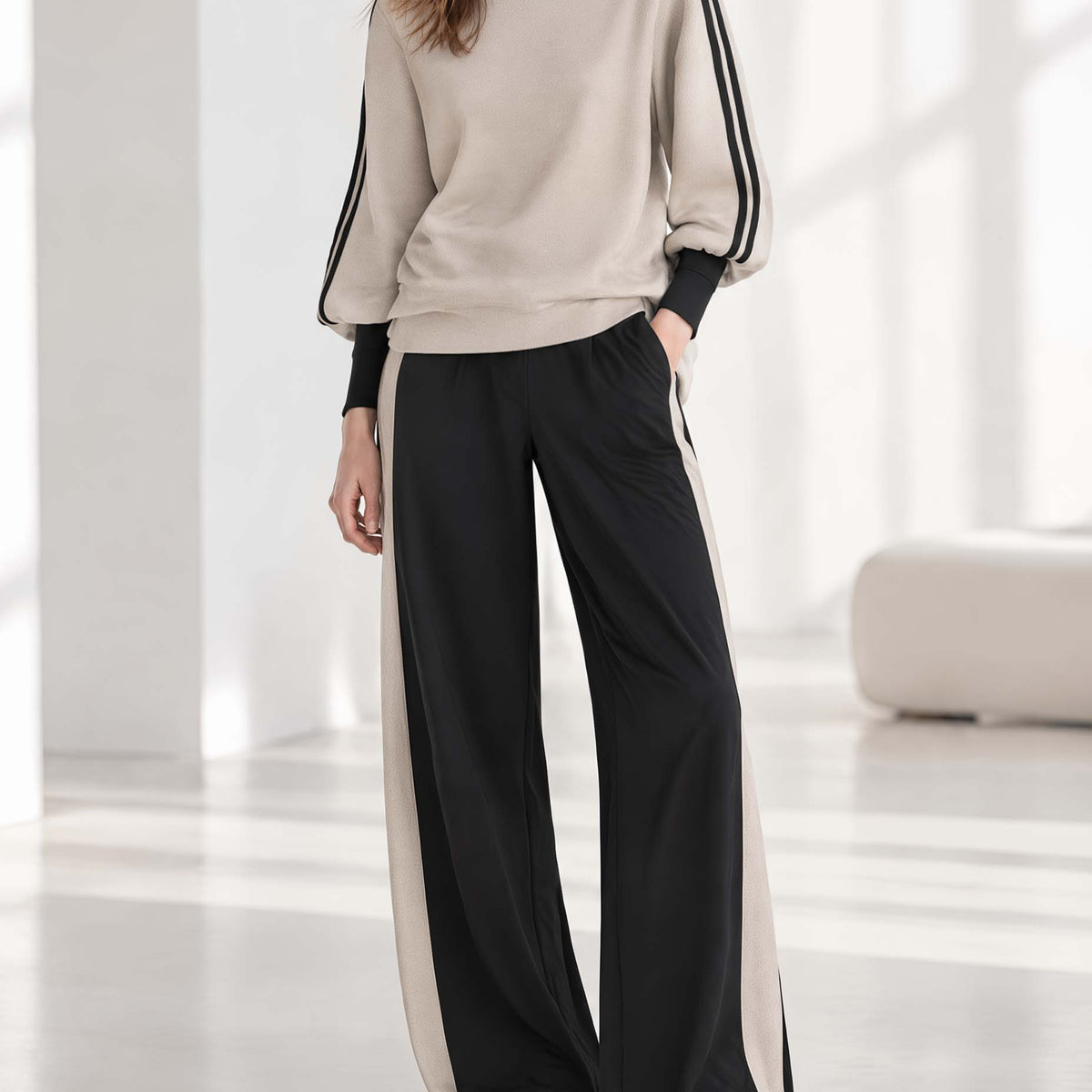 Oatmeal And Black Color-block High-neck Long-sleeve Top And Wide-leg Trousers Set