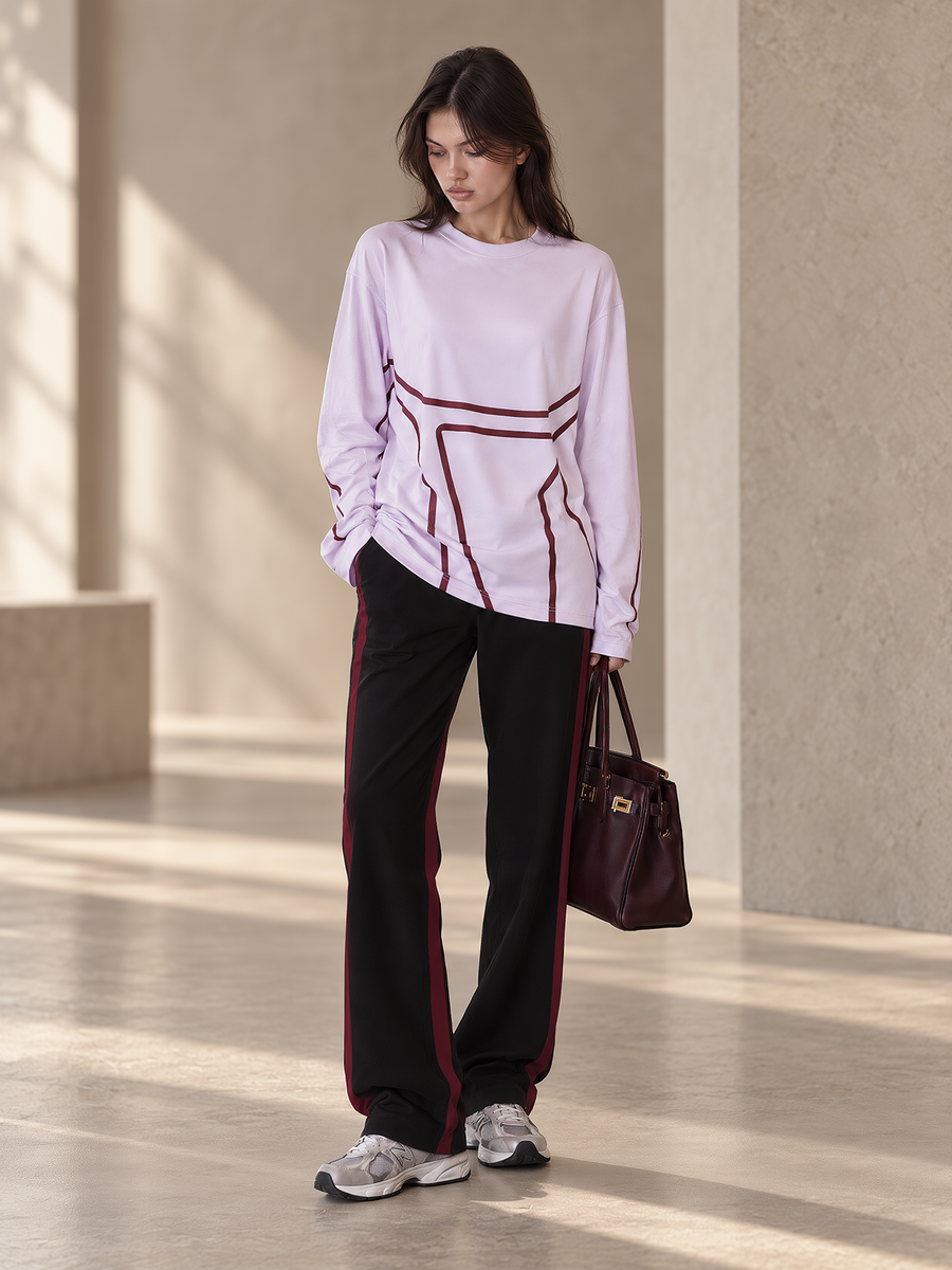 Lavender Graphic Long-Sleeve Tee & Burgundy Side Stripe Wide-Leg Pants Set