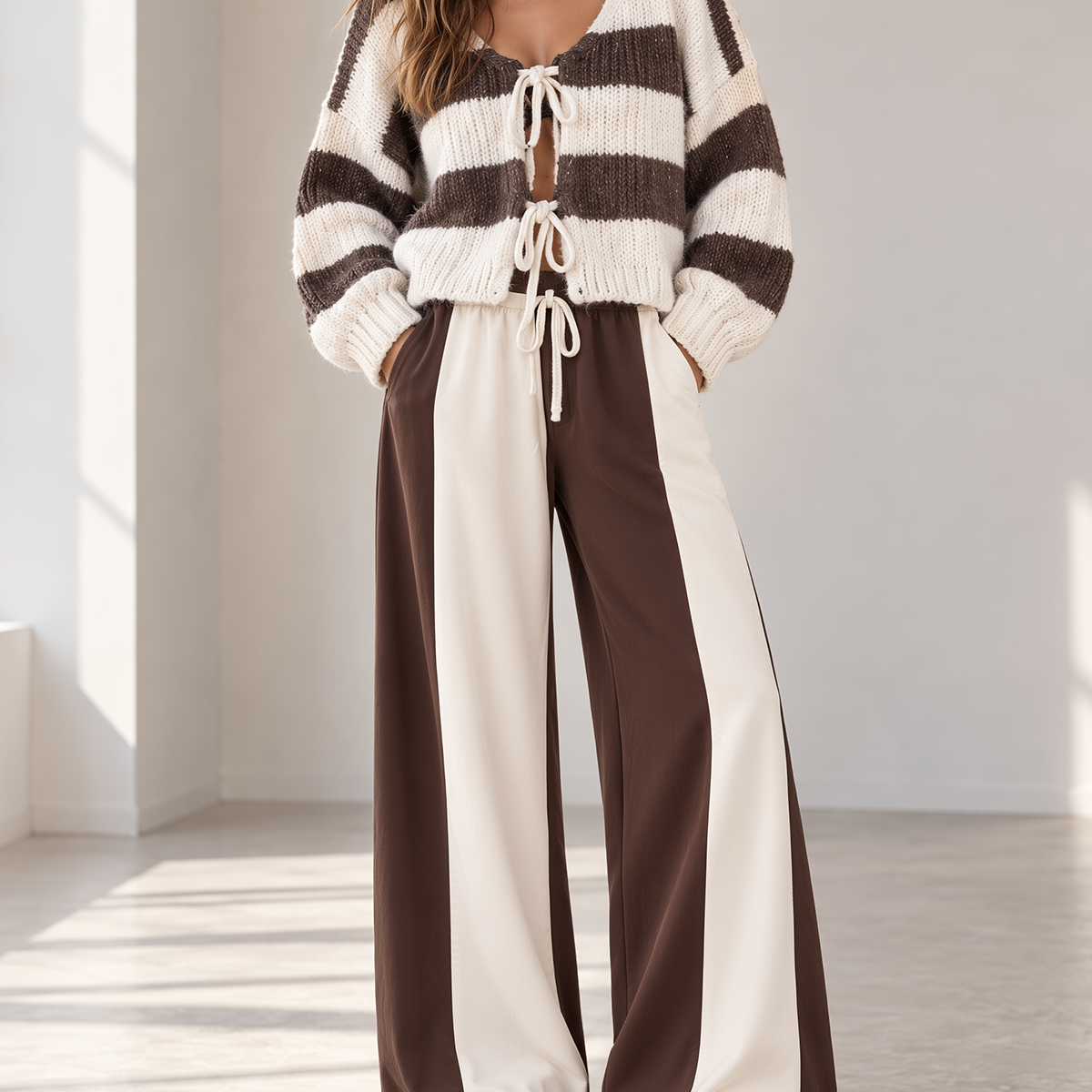 Brown & Cream Striped Tie-Front Cardigan & Color Block Wide-Leg Pants Set