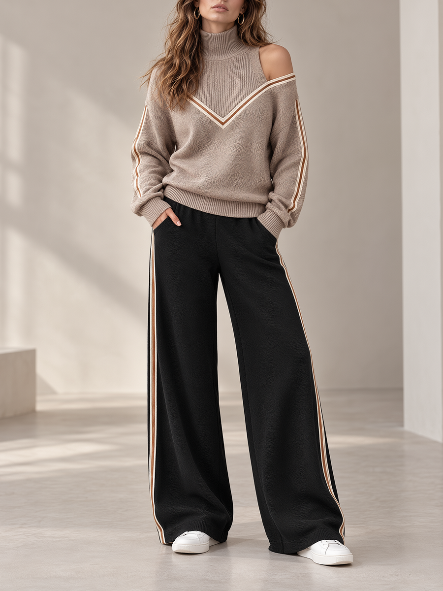 Mocha Cold-Shoulder Mock Neck Sweater & Black Side Stripe Wide-Leg Pants Set