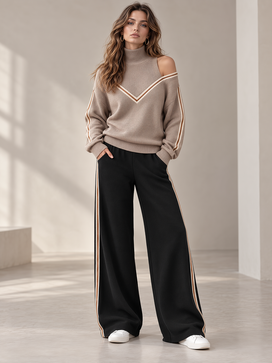 Mocha Cold-Shoulder Mock Neck Sweater & Black Side Stripe Wide-Leg Pants Set