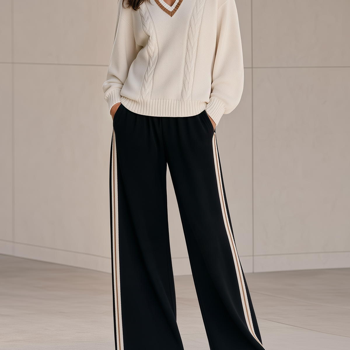 Beige V-neck Cable-knit Sweater And Black Wide-leg Trousers With Side Stripes Set