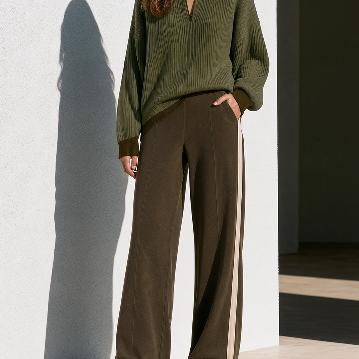 Olive Green Color-block Half-placket Sweater And Side-stripe Wide-leg Pants Set
