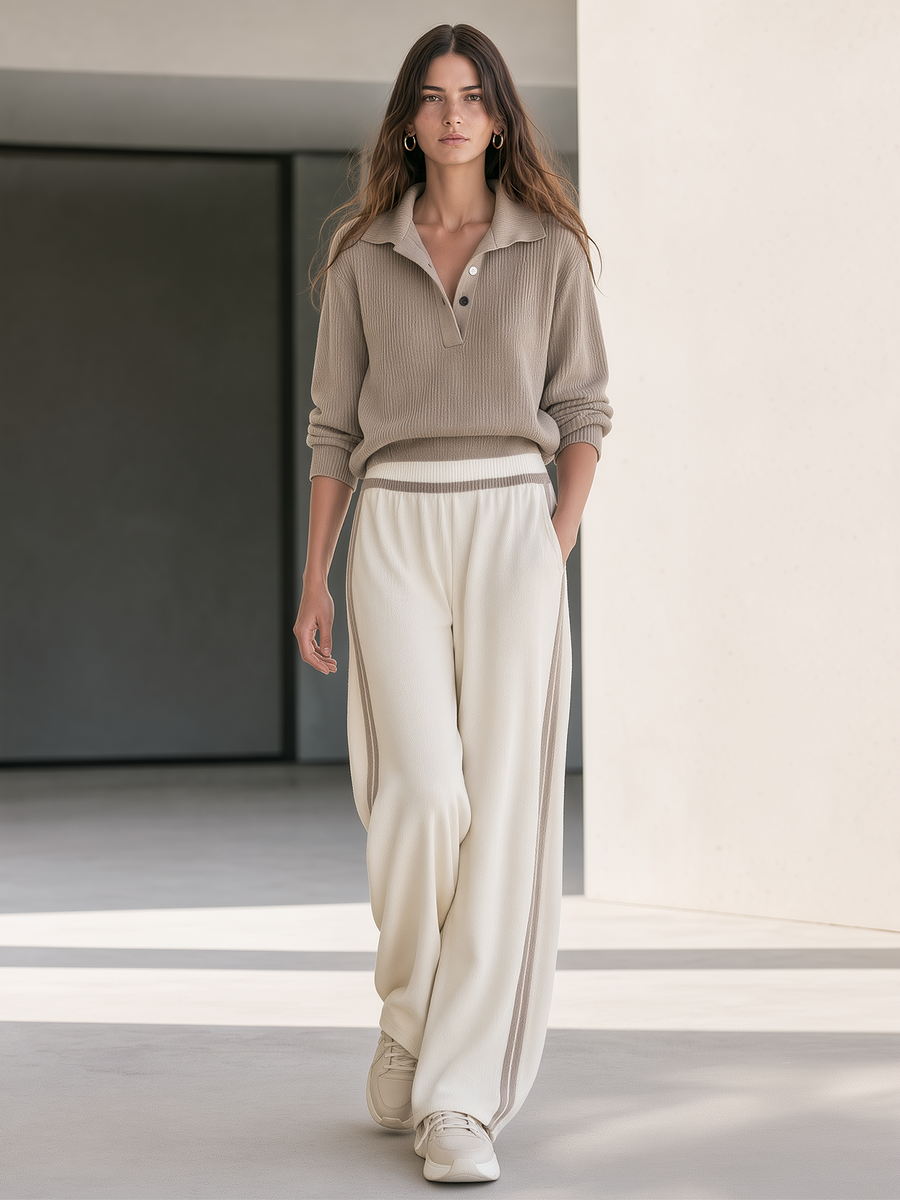 Oatmeal-colored Polo-collar Knit Top And Off-white Wide-leg Trousers Set With Side Stripes