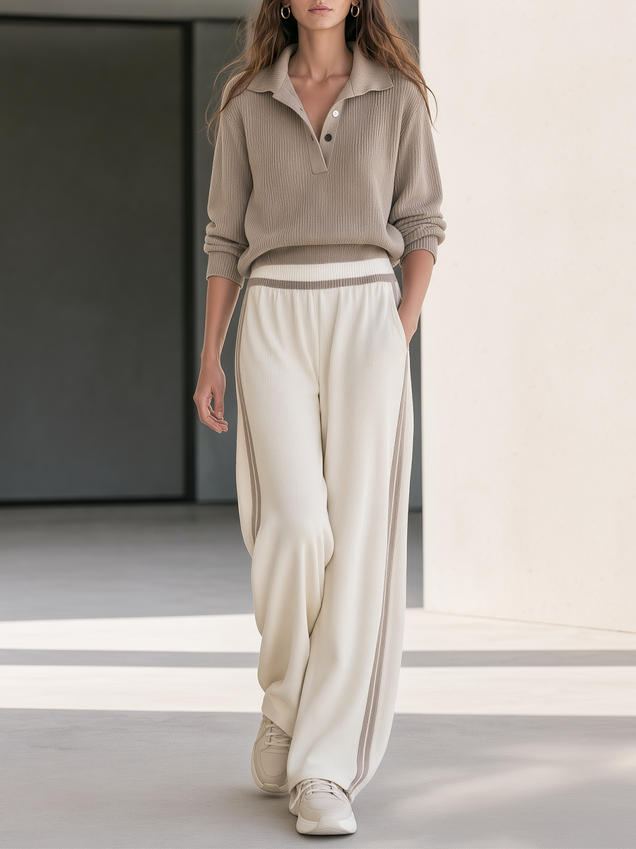 Oatmeal-colored Polo-collar Knit Top And Off-white Wide-leg Trousers Set With Side Stripes