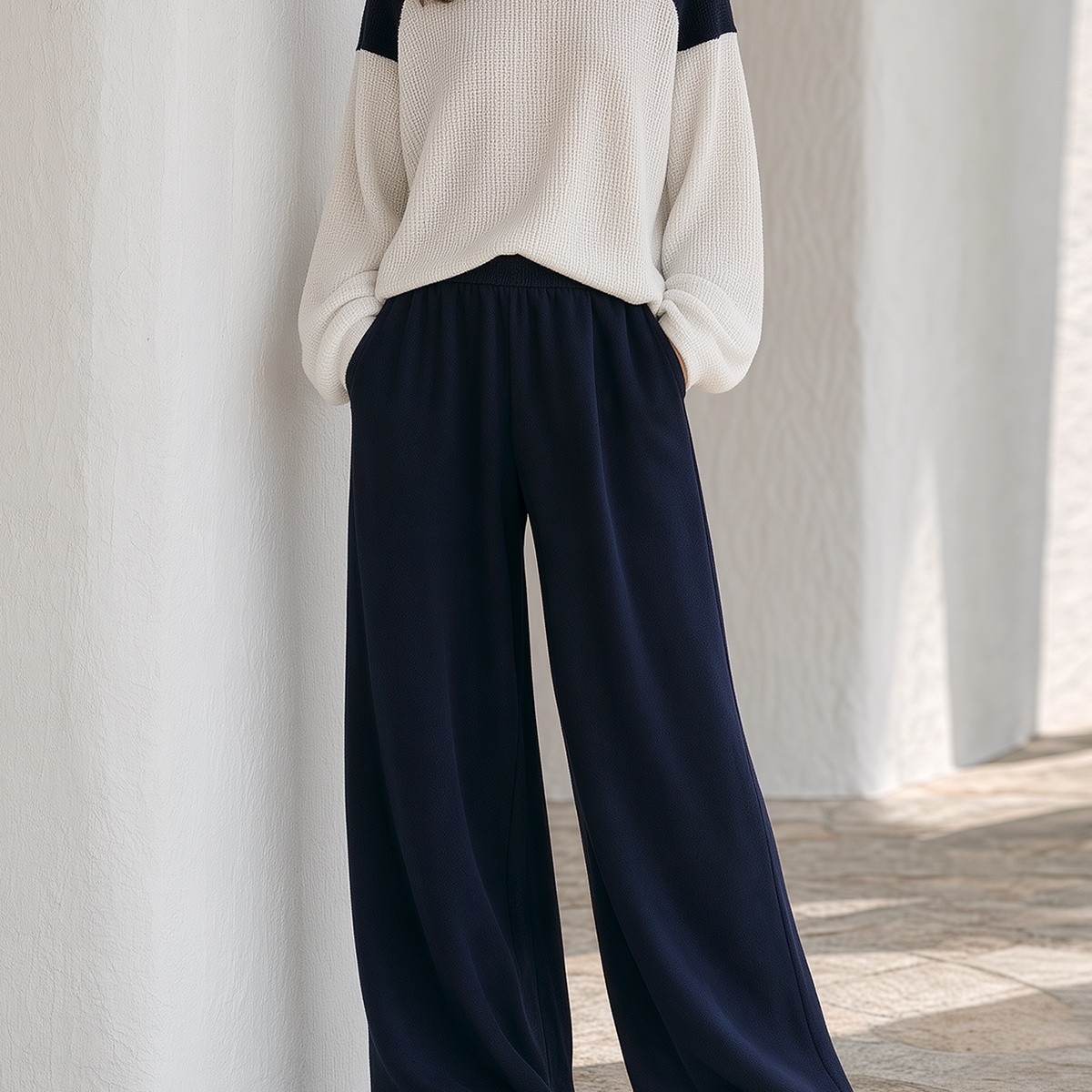 White And Navy Color-block Knit Top And Wide-leg Trousers Set