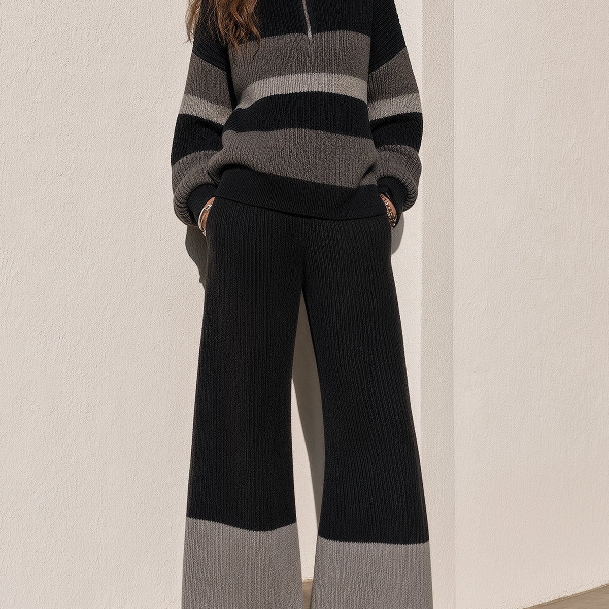 Black And Grey Striped Half-zip High-neck Knit Top And Wide-leg Knit Pants Set