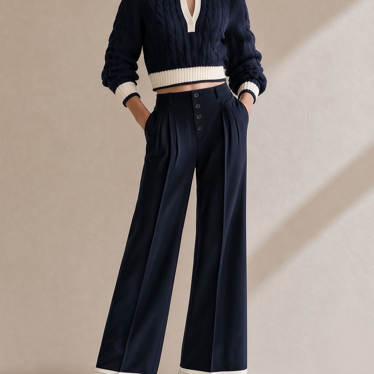 Navy Blue Color-block Cropped Cable-knit Top And Wide-leg Casual Trousers Set