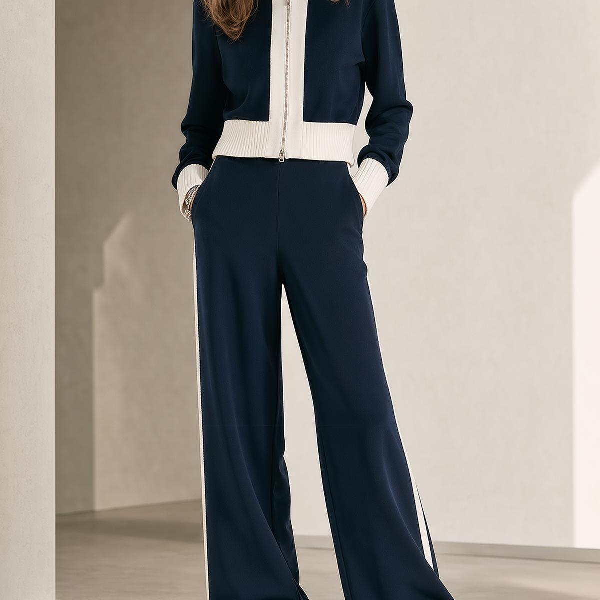 Navy Color-block Cropped Jacket And Side-stripe Wide-leg Trousers Set