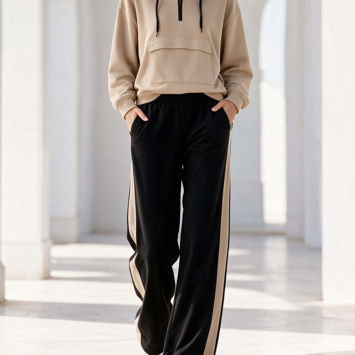 Khaki And Black Color-block Casual Sporty Long-sleeve Hoodie And Sweatpants Set