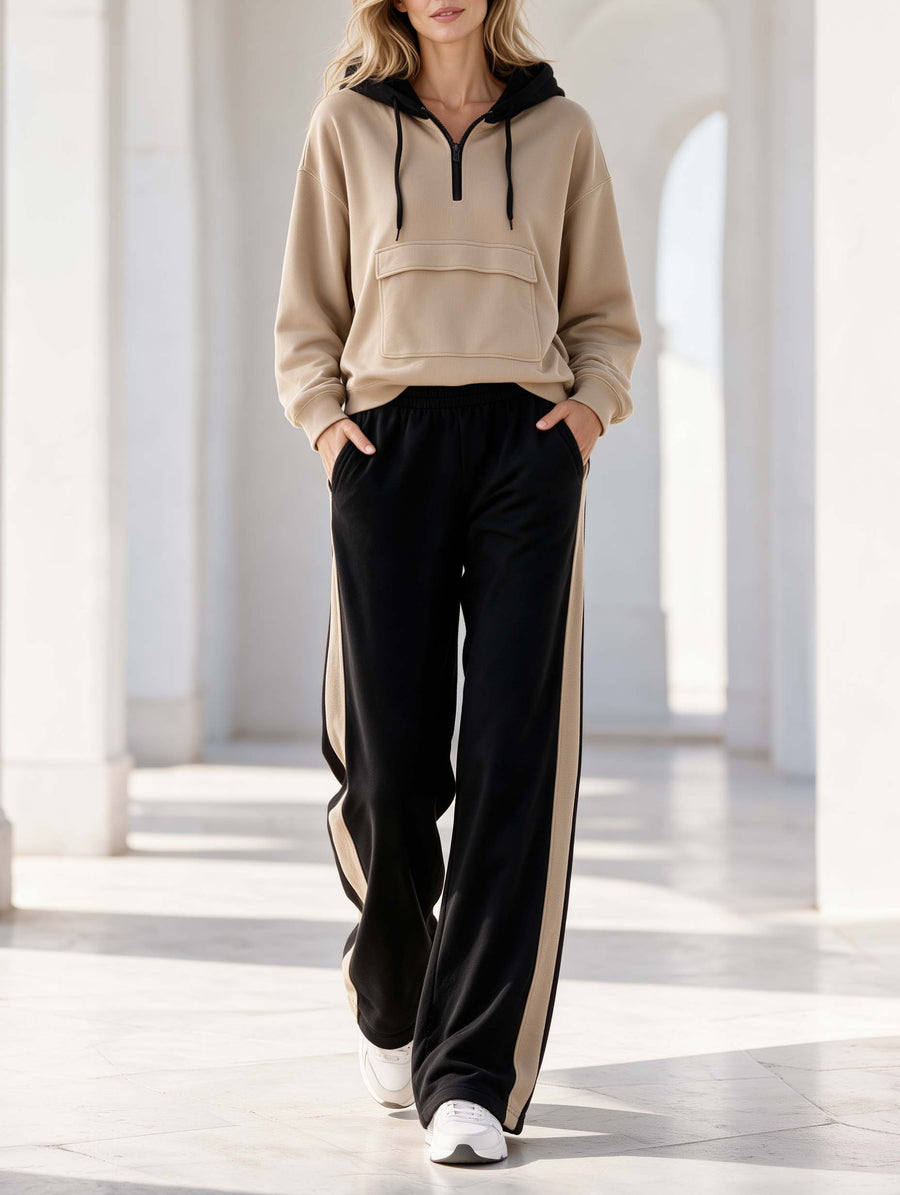 Khaki And Black Color-block Casual Sporty Long-sleeve Hoodie And Sweatpants Set