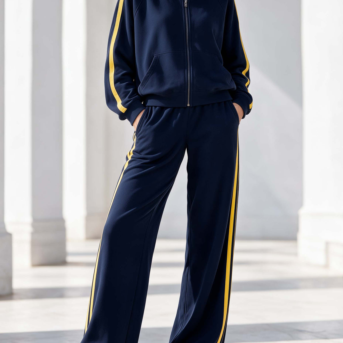 Versatile Casual Navy Color-block Long-sleeve Jacket And Trousers Set