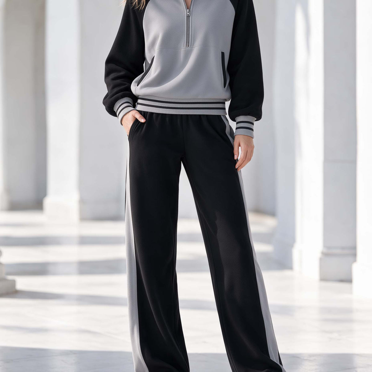 Stylish Light-athletic Grey And Black Color-block Long-sleeve Half-zip Top And Pants Set