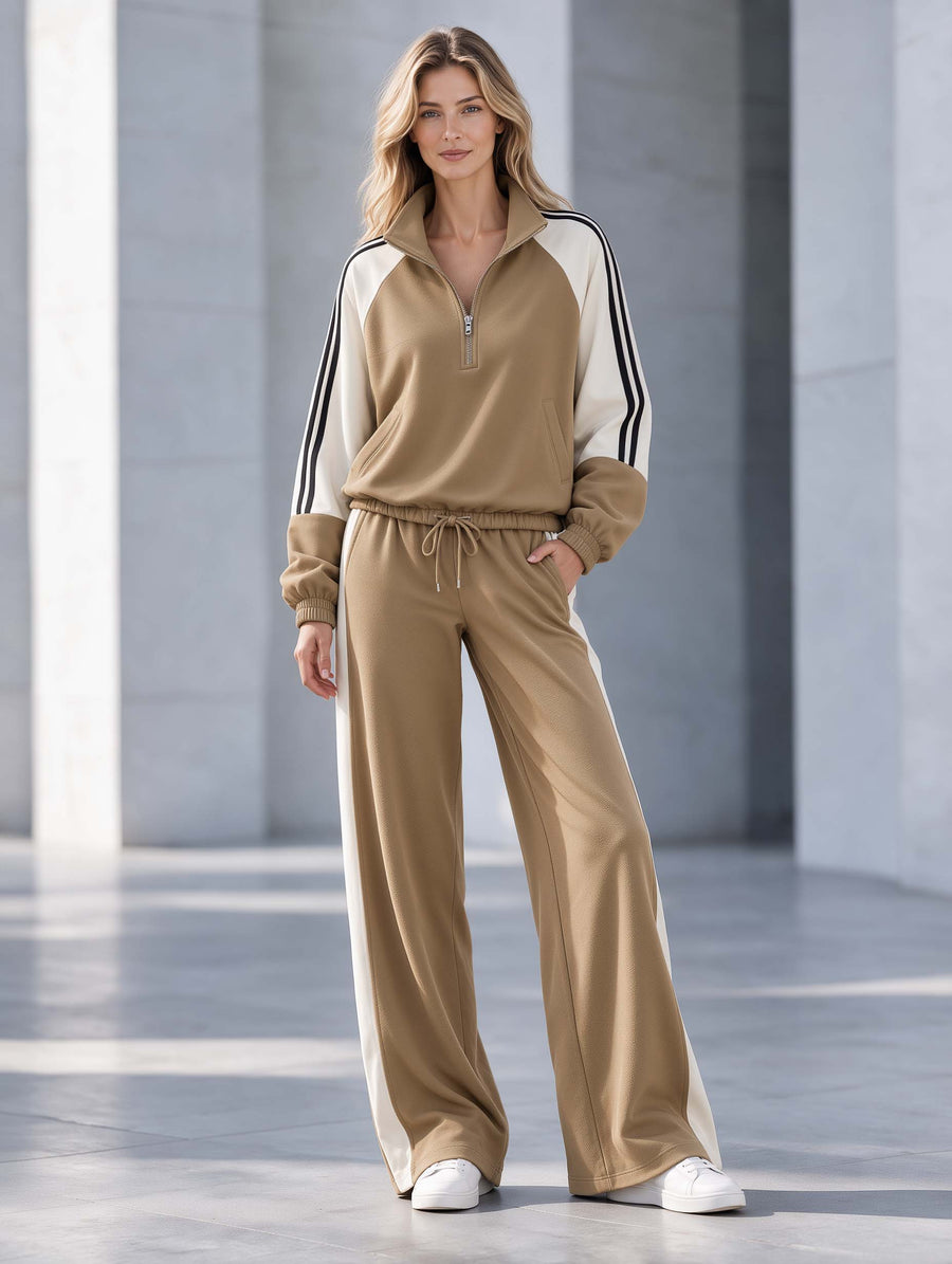 Stylish Casual Khaki And White Color-Block Half-Zip Long-Sleeve Top And Pants Set