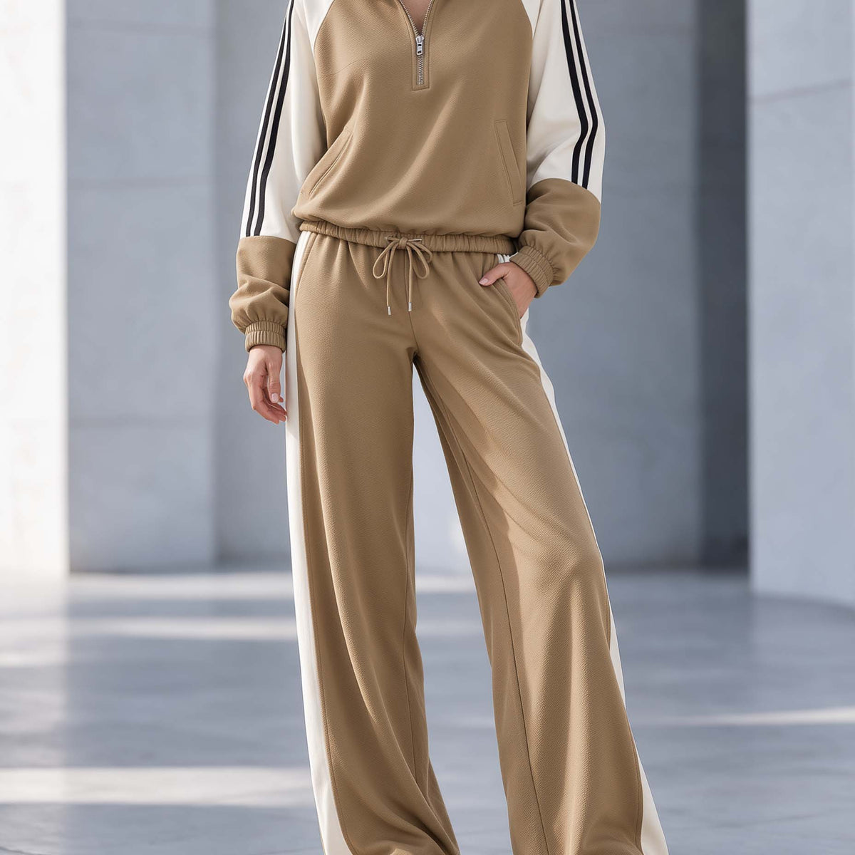 Stylish Casual Khaki And White Color-Block Half-Zip Long-Sleeve Top And Pants Set