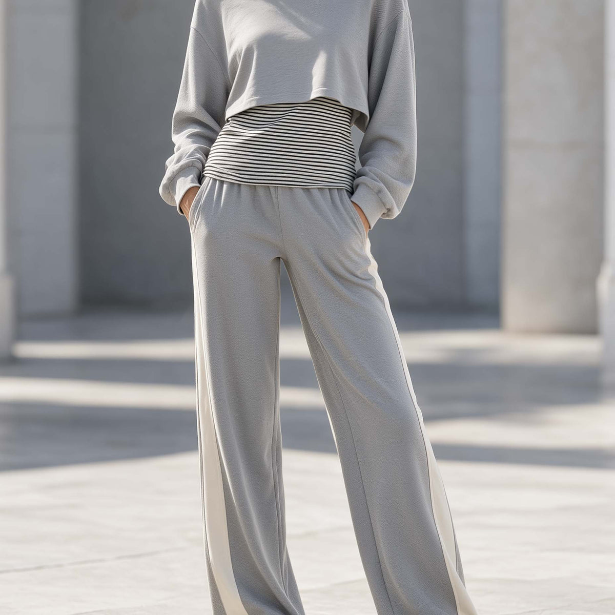 Stylish Casual Grey And Striped Color-block Off-shoulder Long-sleeve Top And Wide-leg Pants Set