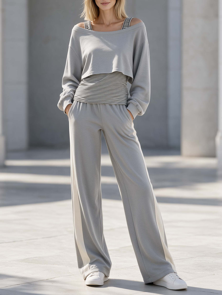 Stylish Casual Grey And Striped Color-block Off-shoulder Long-sleeve Top And Wide-leg Pants Set