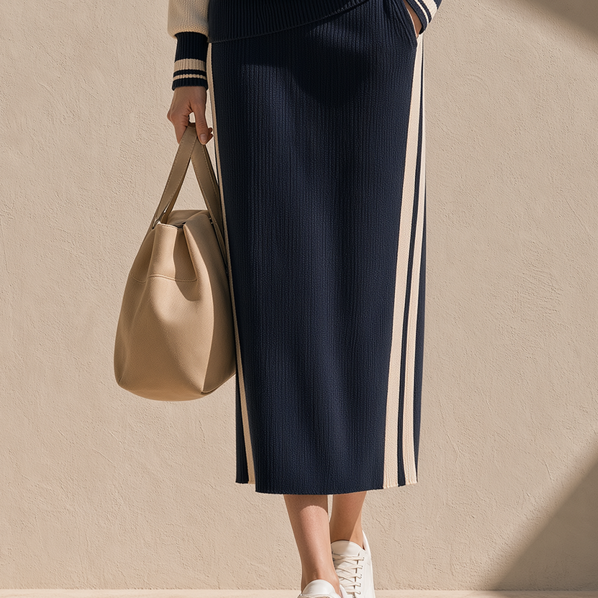 Stylish Navy Blue Color-Block Knit Skirt With Pockets