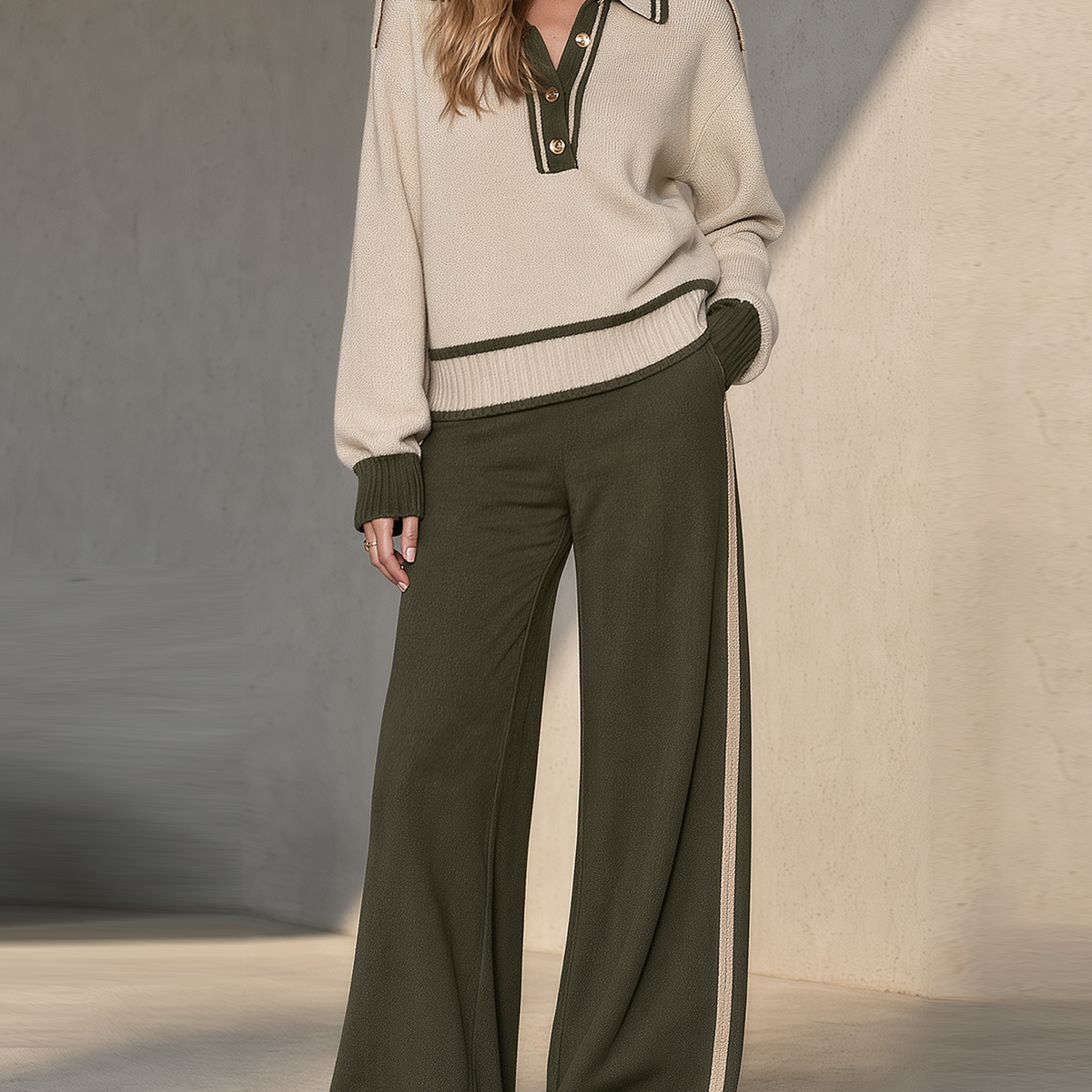Beige And Olive Green Color-block Polo Sweater And Side-stripe Wide-leg Trousers Set