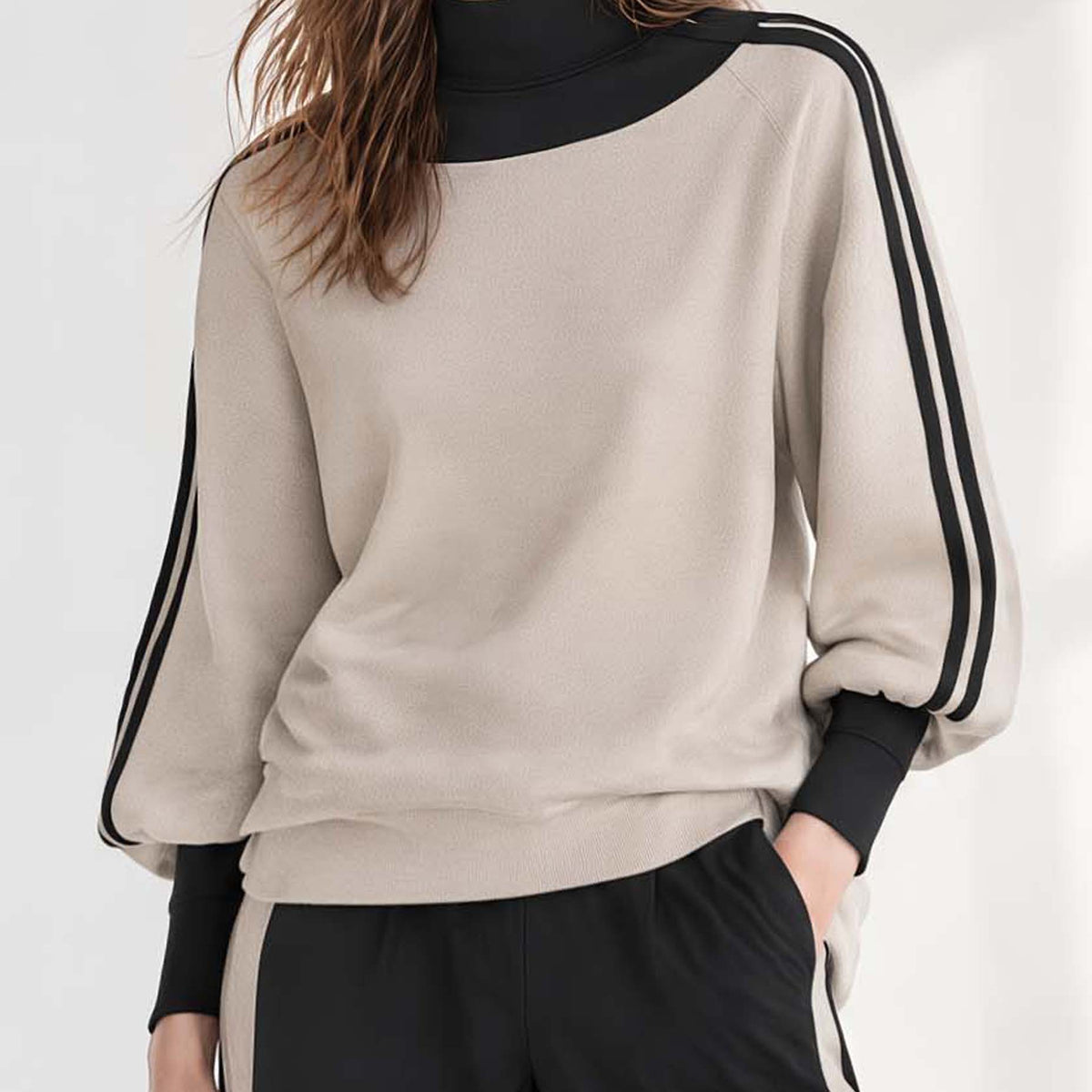 Oatmeal And Black Color-block High-neck Long-sleeve Top With Side Stripes