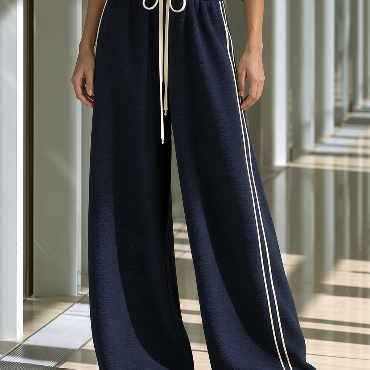 Navy Blue Wide-leg Sweatpants With Contrast-color Drawstrings