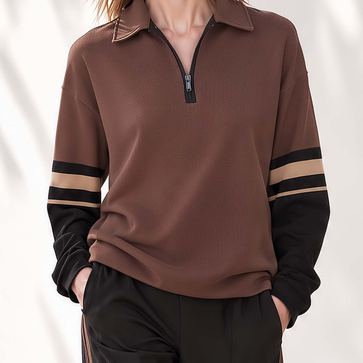 Black And Brown Colorblock Long-sleeve Top With A Half-zip Collar
