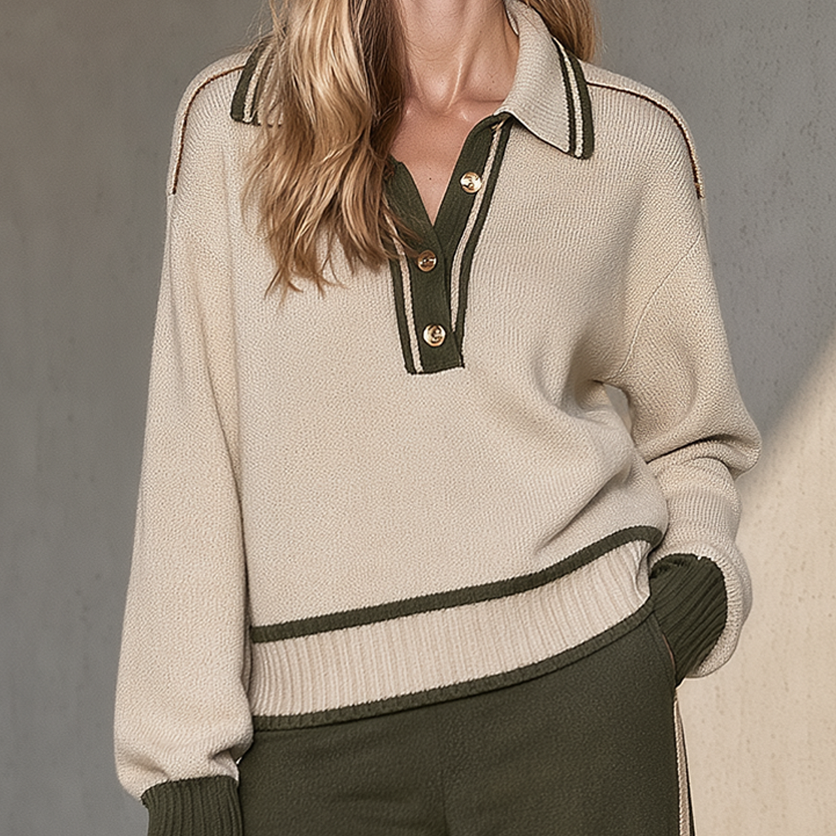 Beige And Olive Green Color-block Polo-collar Sweater