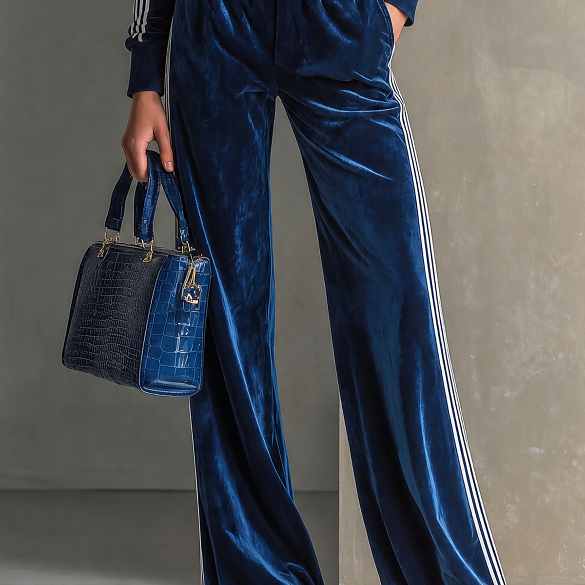Royal Blue Velvet Contrast Stripes Elastic Waist Wide-leg Pants