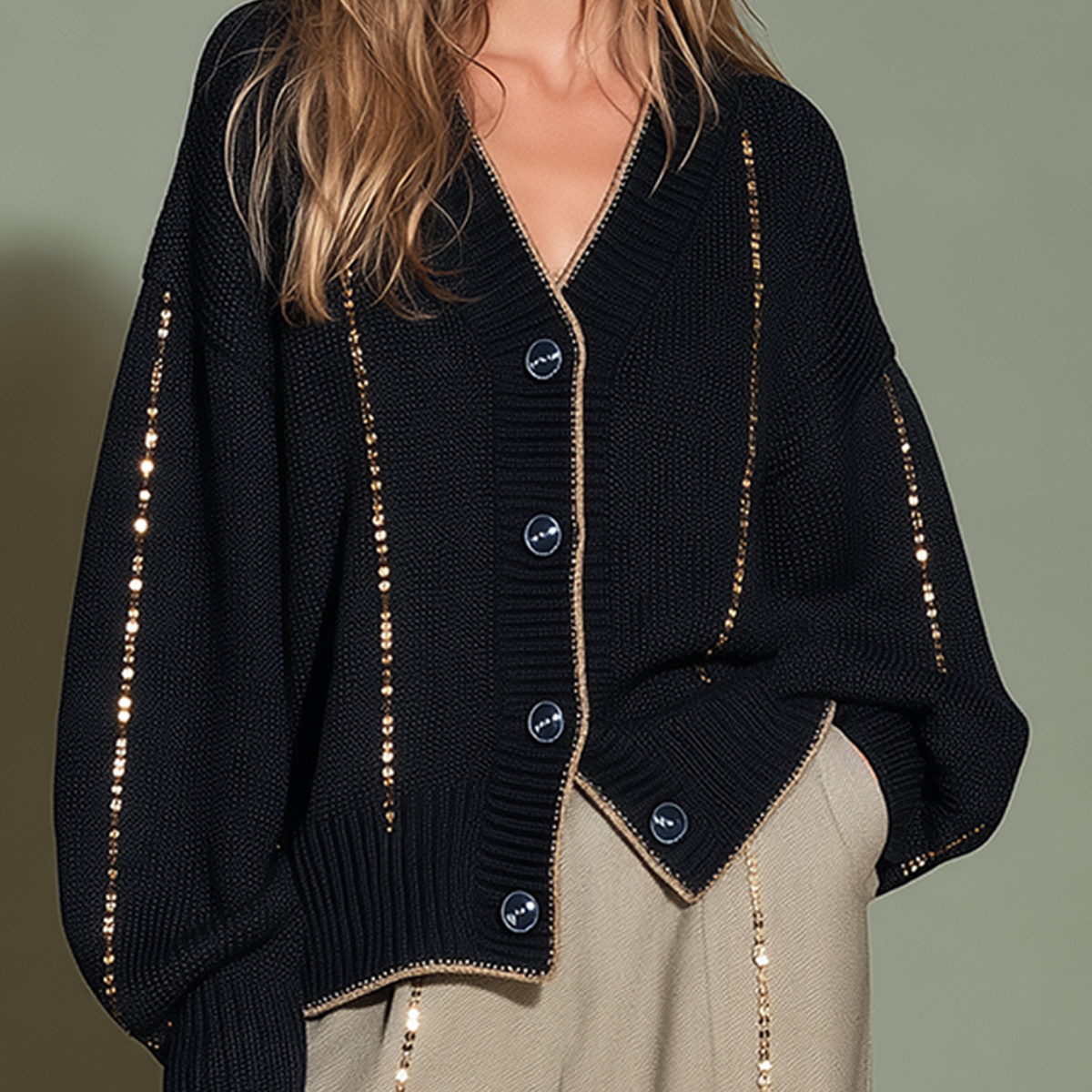 Stylish Deep Navy V-neck Knit Cardigan With Sequin Embellishments