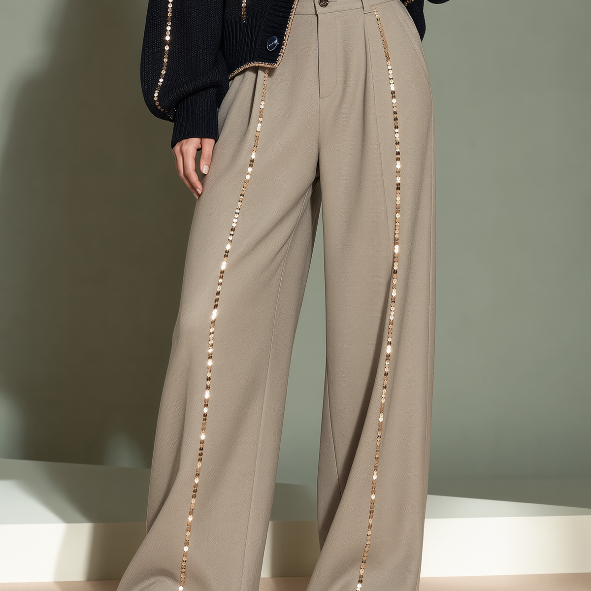 Stylish Oatmeal-Colored Wide-Leg Casual Trousers With Sequin Accents