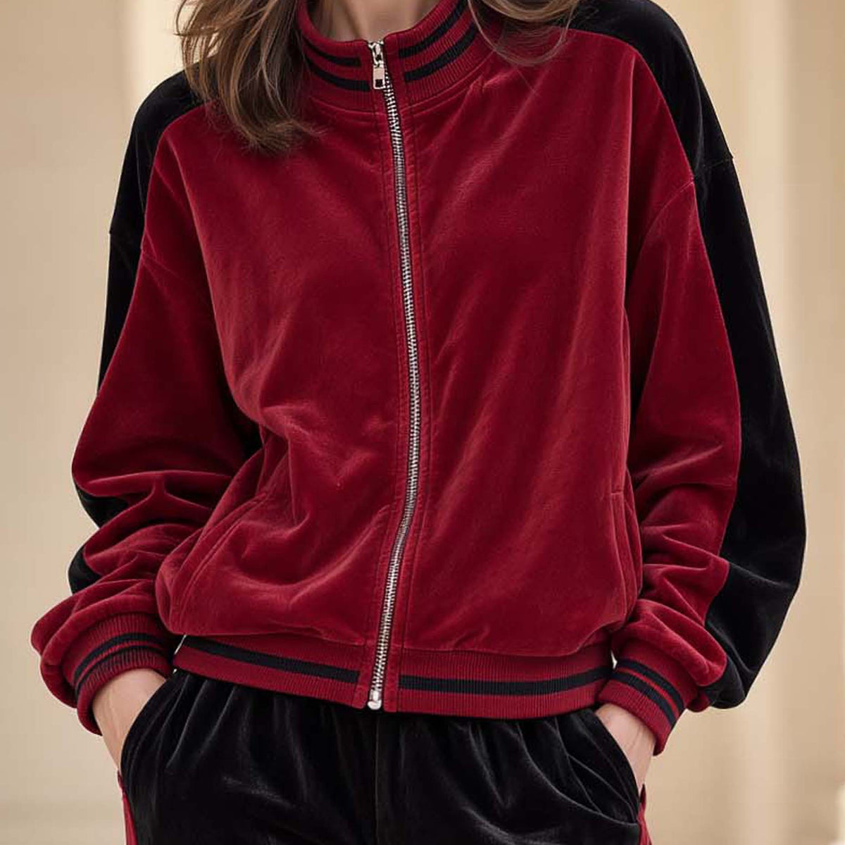 Stylish Red And Black Color-block Long-sleeve Casual Jacket