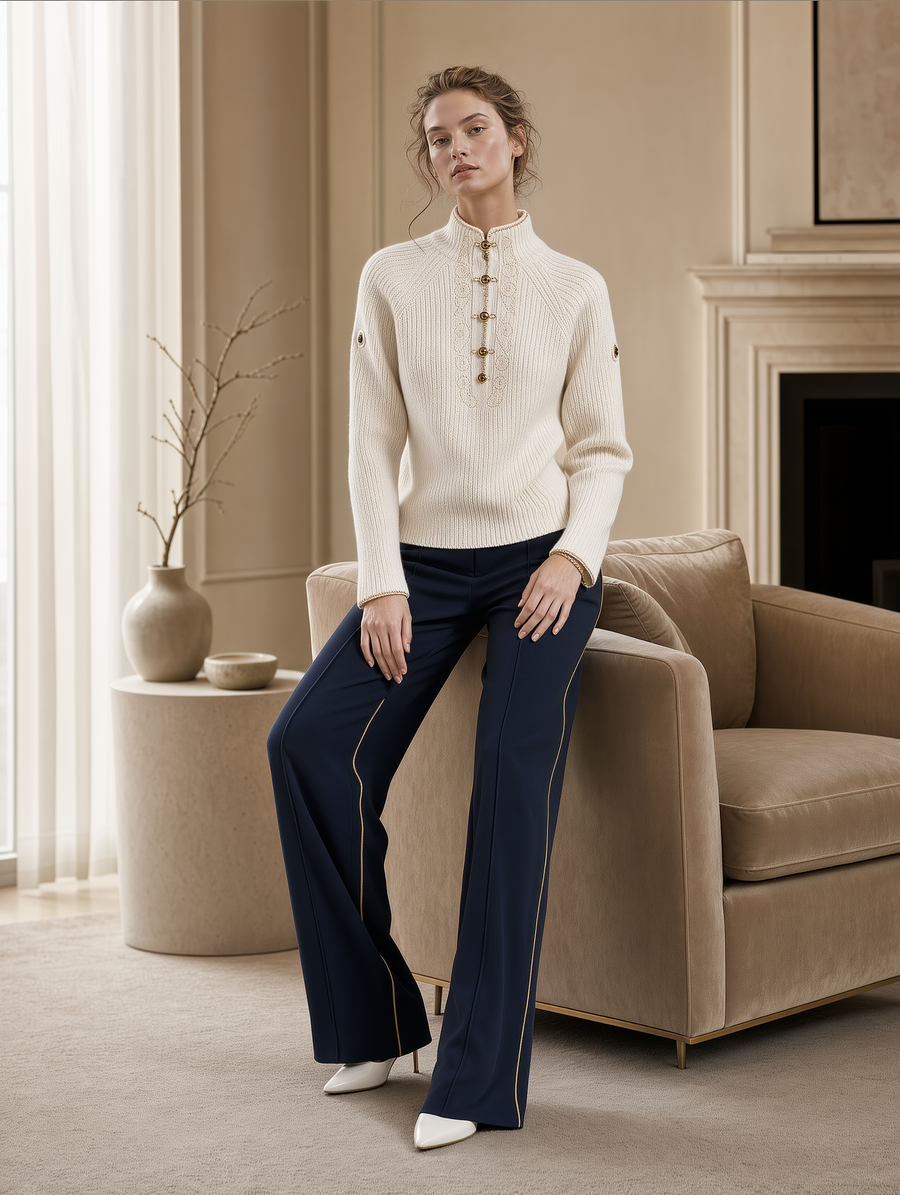 Ivory Frog-Button Knit Sweater & Navy Wide-Leg Trousers Set