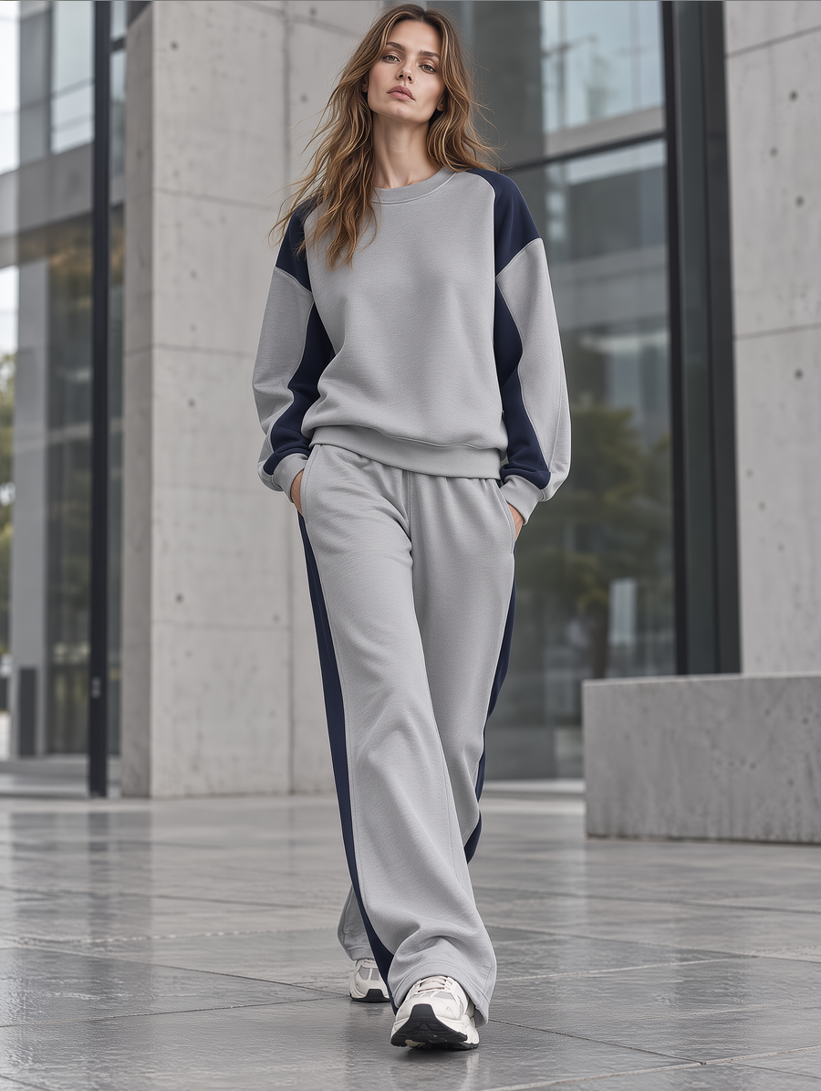 Grey Colorblock Crewneck Sweatshirt Wide-Leg Set
