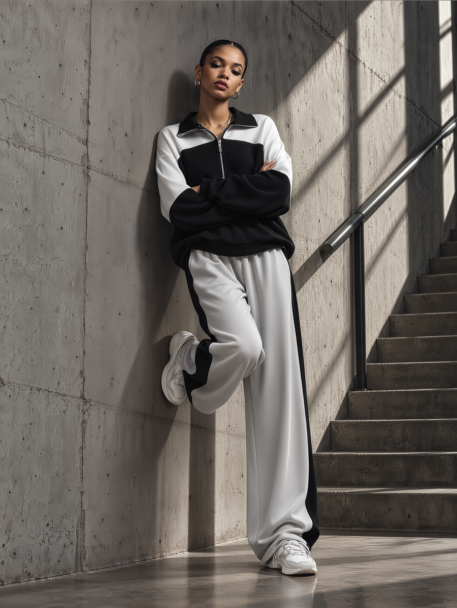 Black & White Colorblock Half-Zip Top & Wide-Leg Pants Set