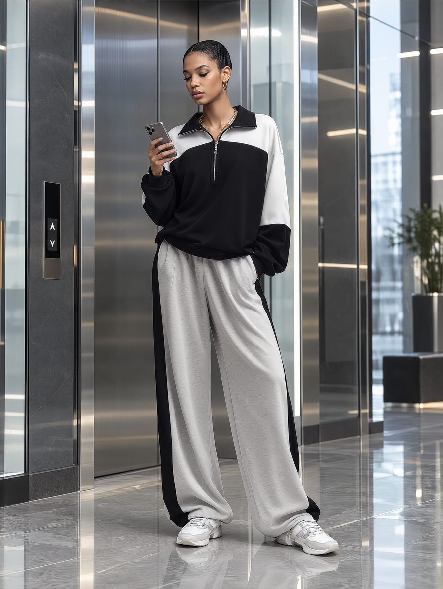 Black & White Colorblock Half-Zip Top & Wide-Leg Pants Set