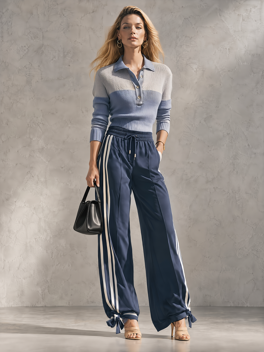 Blue Color-Block Polo Knit & Navy Wide-Leg Track Pants Set