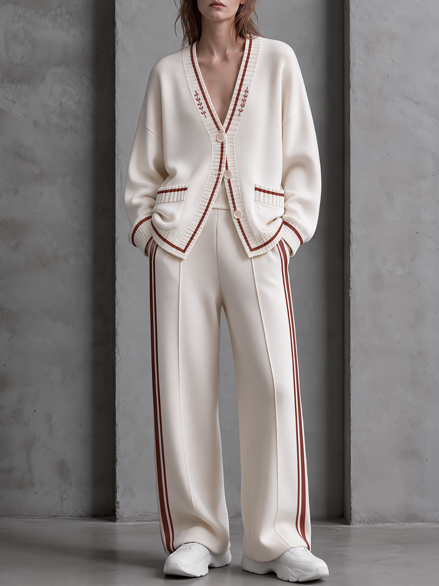 Ivory Varsity V-Neck Cardigan & Wide-Leg Pants Set