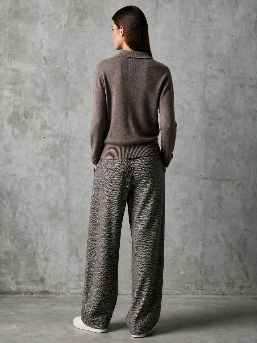 Mocha Pearl-Button Knit Polo & Herringbone Wide-Leg Trousers Set