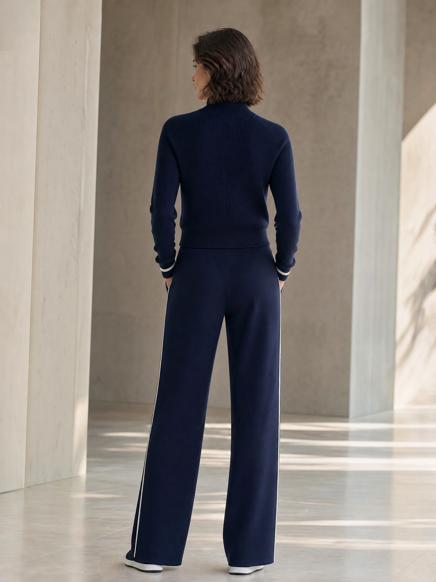 Navy Blue Knitted Zip-up Jacket And Wide-leg Trousers Set