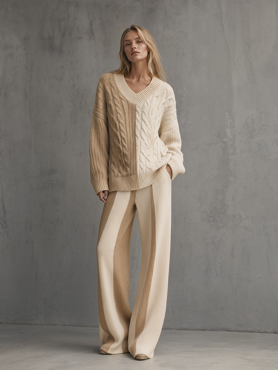 Cream Color-Block V-Neck Cable Knit Sweater & Wide-Leg Pants Set