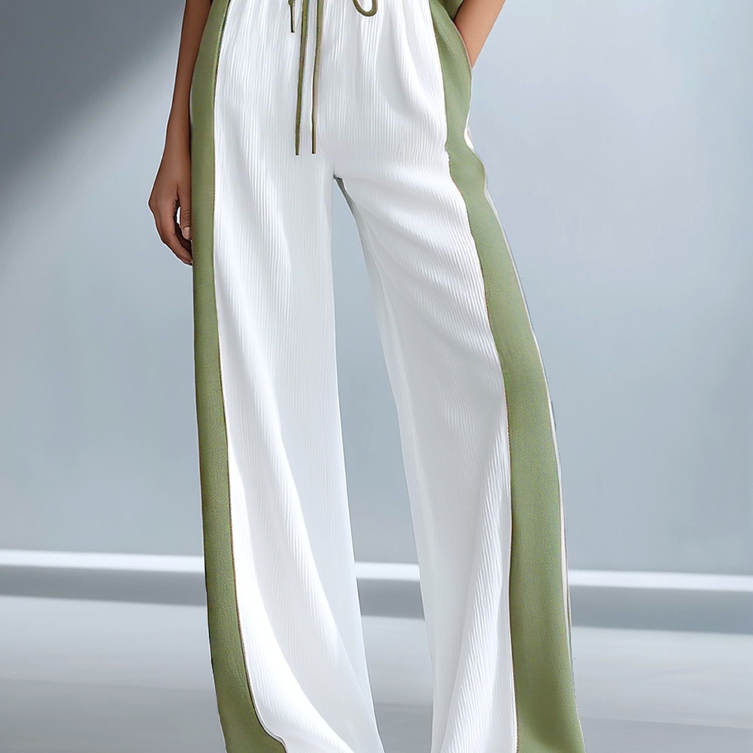 Women's Fashionable Casual Brown Color-blocked Ribbed Knit Wide-leg Pants
