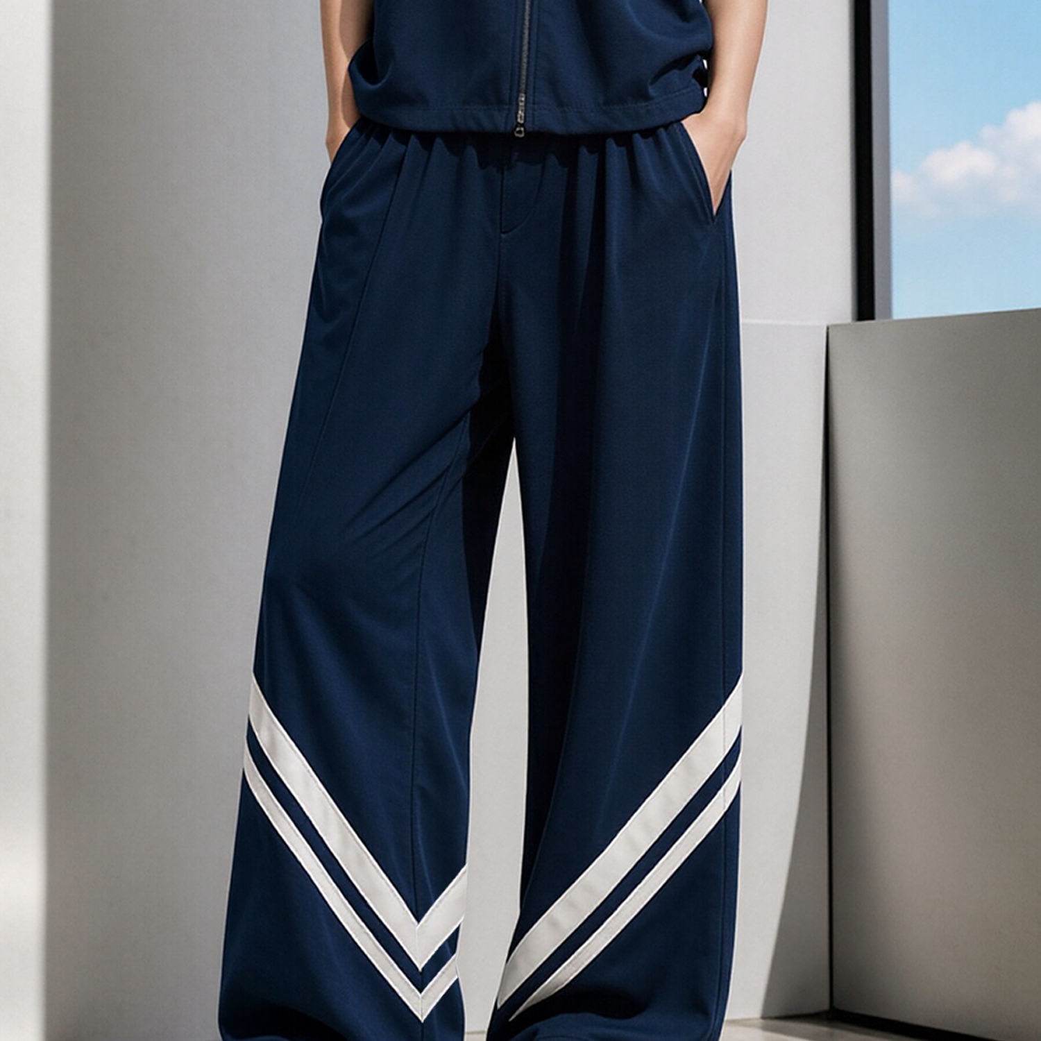 Navy Blue Wide-leg Trouser Set With Contrasting Diagonal White Stripes