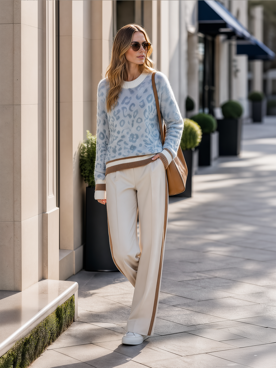 Light Blue Leopard Contrast Trim Knit Sweater Straight‑Leg Pants Set