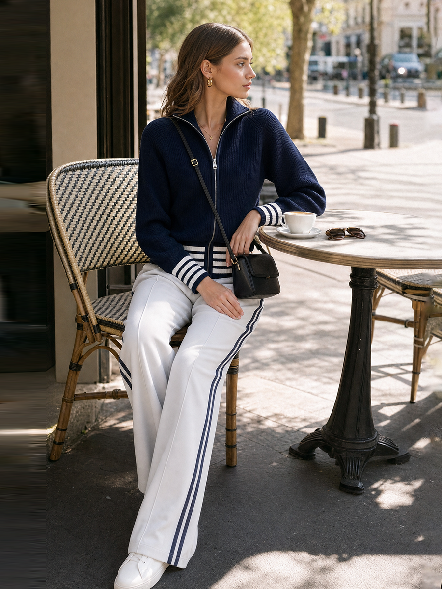 Navy Stripe Zip‑Up Knit Jacket Light Grey Side‑Stripe Wide Leg Pants Set