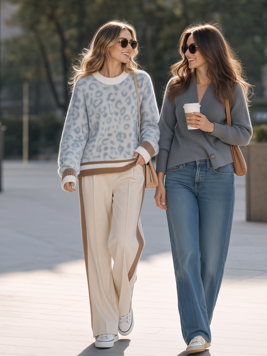 Light Blue Leopard Contrast Trim Knit Sweater Straight‑Leg Pants Set